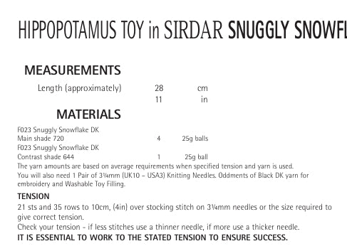 Sirdar Hippopotamus Toy Knitting Pattern in Sirdar Snuggly Snowflake DK 4761P PDF DOWNLOAD