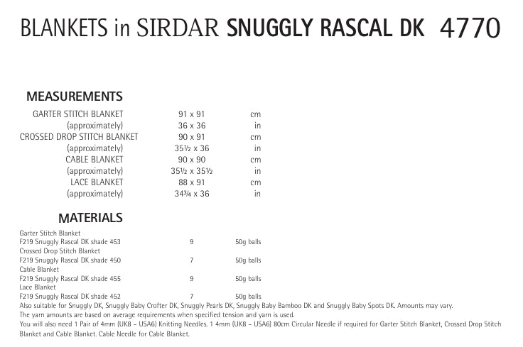 Sirdar Blankets Knitting Pattern in Sirdar Snuggly Rascal DK 4770P PDF DOWNLOAD
