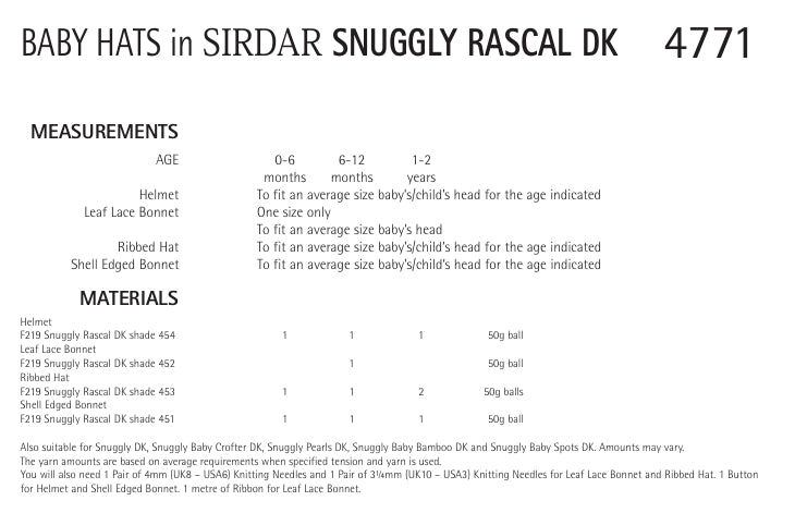 Sirdar Baby Hats Knitting Pattern in Sirdar Snuggly Rascal DK 4771P PDF DOWNLOAD