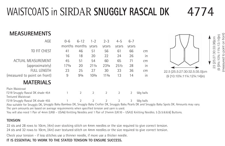 Sirdar Waistcoats Knitting Pattern in Sirdar Snuggly Rascal DK 4774P PDF DOWNLOAD