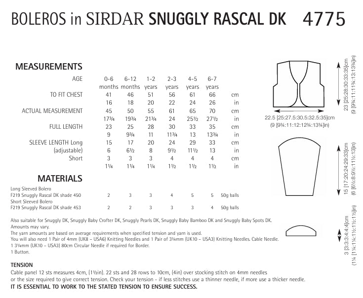 Sirdar Boleros Knitting Pattern in Sirdar Snuggly Rascal DK 4775P PDF DOWNLOAD
