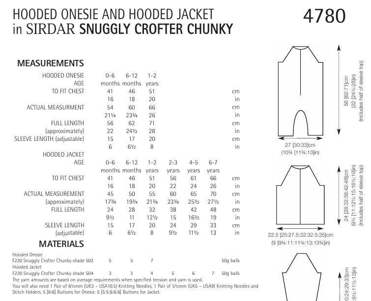 Sirdar Hooded Onesie and Hooded Jacket Knitting Pattern in Sirdar Snuggly Baby Crofter Chunky 4780P PDF DOWNLOAD