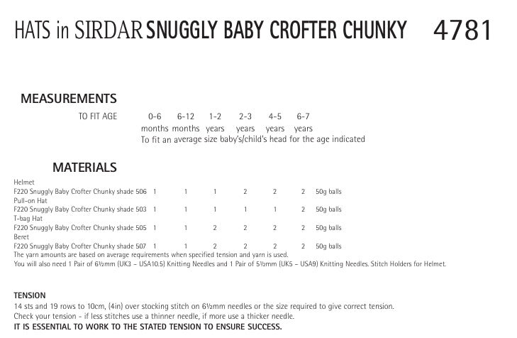 Sirdar Hats Knitting Pattern in Sirdar Snuggly Baby Crofter Chunky 4781P PDF DOWNLOAD