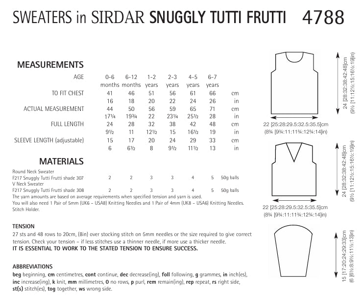 Sirdar Sweaters Knitting Pattern in Snuggly Tutti Frutti 4788P PDF DOWNLOAD