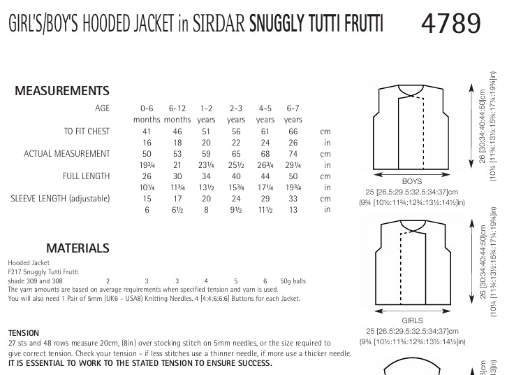 Sirdar Hooded Jacket Knitting Pattern in Snuggly Tutti Frutti 4789P PDF DOWNLOAD