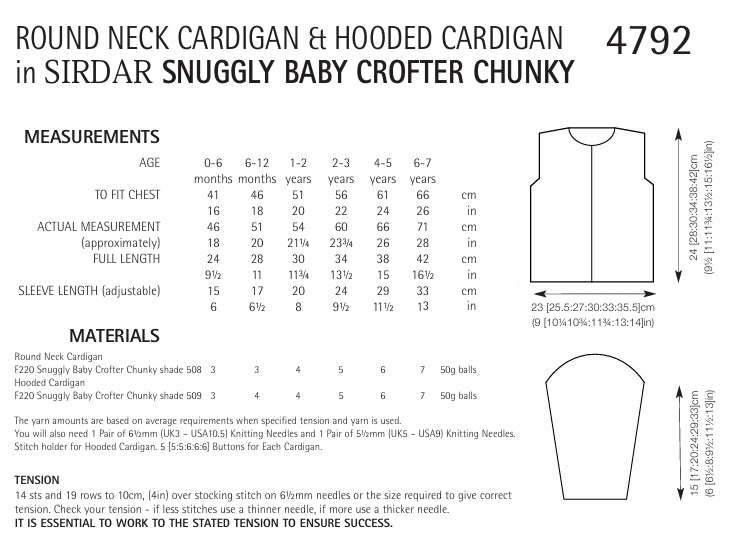 Sirdar Round Neck Cardigan and Hooded Cardigan Knitting Pattern in Snuggly Baby Crofter Chunky 4792P PDF DOWNLOAD