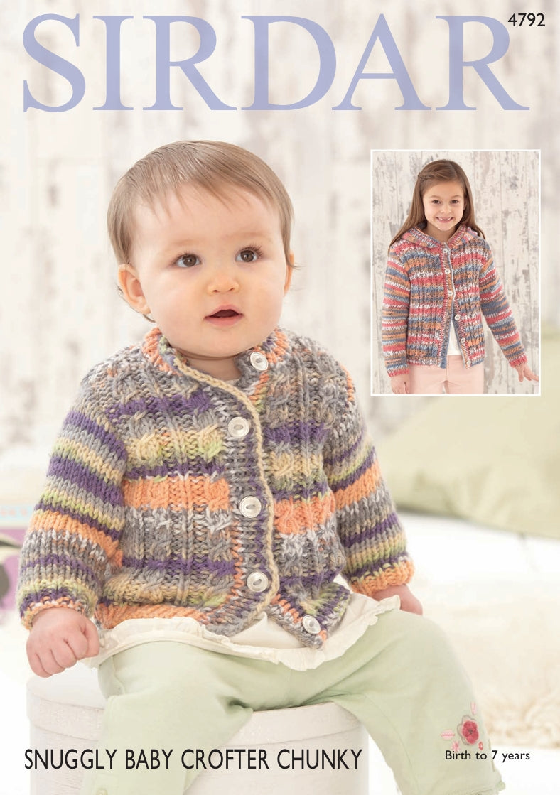 Sirdar Round Neck Cardigan and Hooded Cardigan Knitting Pattern in Snuggly Baby Crofter Chunky 4792P PDF DOWNLOAD