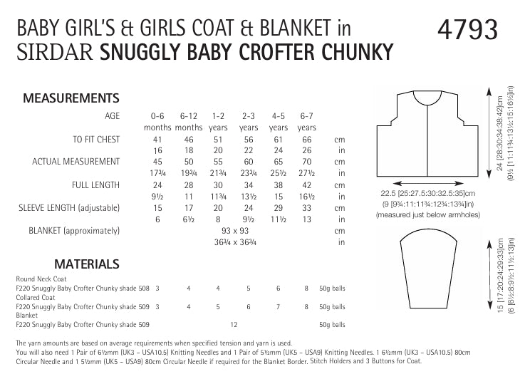 Sirdar Baby Girls and Girls Coat and Blanket Knitting Pattern in Snuggly Baby Crofter Chunky 4793P PDF DOWNLOAD