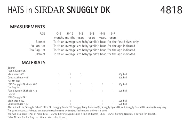 Sirdar Hats Knitting Pattern in Sirdar Snuggly DK 4818P PDF DOWNLOAD