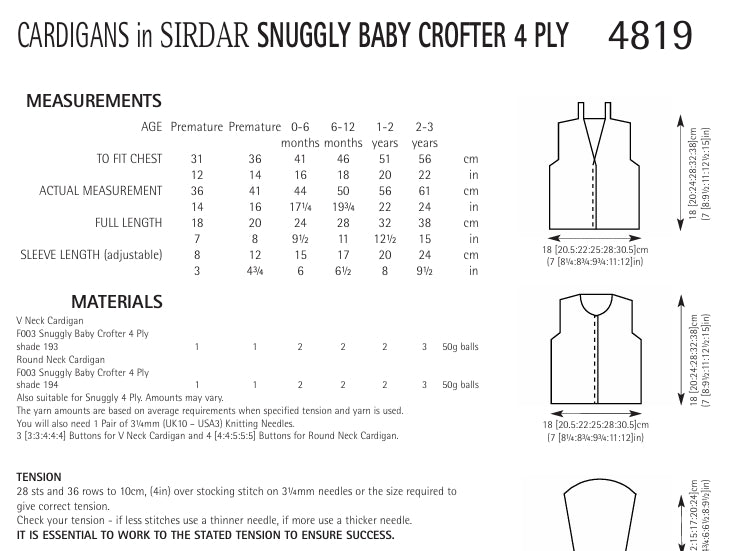 Sirdar Cardigans Knitting Pattern in Sirdar Snuggly Baby Crofter 4ply 4819P PDF DOWNLOAD