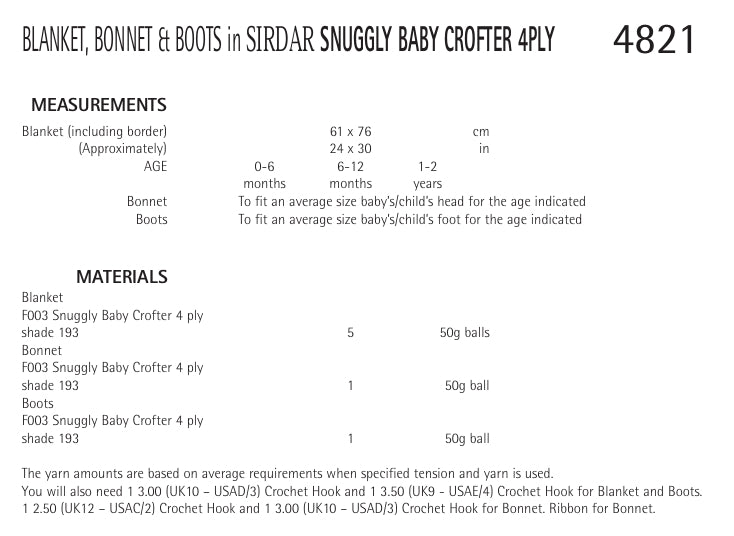 Sirdar Blanket, Bonnet and Boots Crochet Pattern in Baby Crofter 4ply 4821P PDF DOWNLOAD