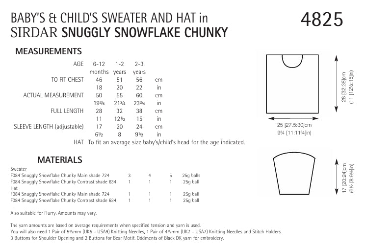 Sirdar Baby and Child Sweater and Hat Knitting Pattern in Sirdar Snowflake Chunky 4825P PDF DOWNLOAD