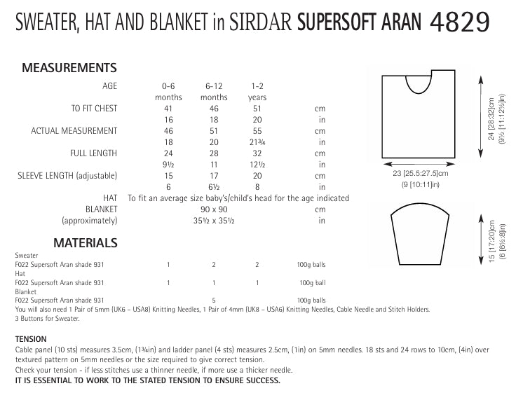 Sirdar Sweater, Hat and Blanket Knitting Pattern in Sirdar Supersoft Aran 4829P PDF DOWNLOAD