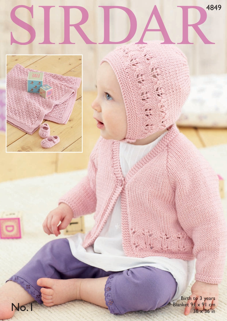 Sirdar Cardigan, Bonnet, Shoes and Blanket Knitting Pattern in Sirdar No.1 DK 4849P PDF DOWNLOAD