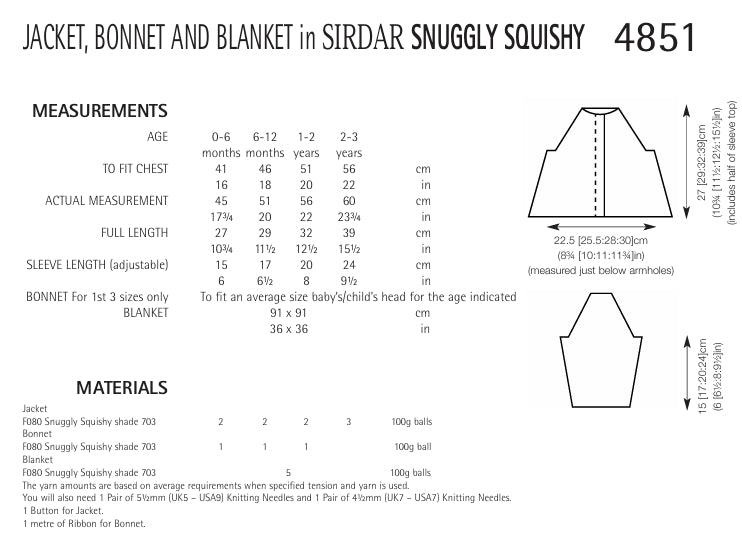 Sirdar Jacket, Bonnet and Blanket Knitting Pattern in Sirdar Snuggly Squishy 4851P PDF DOWNLOAD