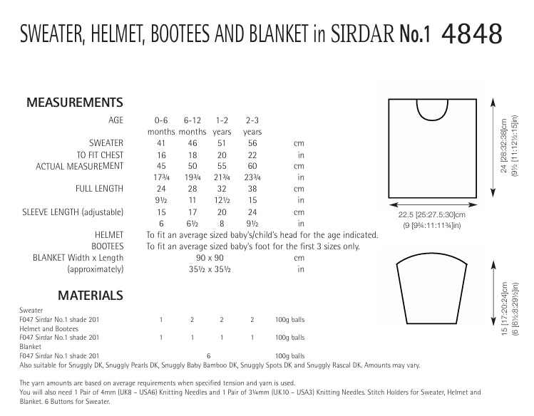 Sirdar Sweater, Helmet, Bootees and Blanket Knitting Pattern in Sirdar No.1 DK 4848P PDF DOWNLOAD