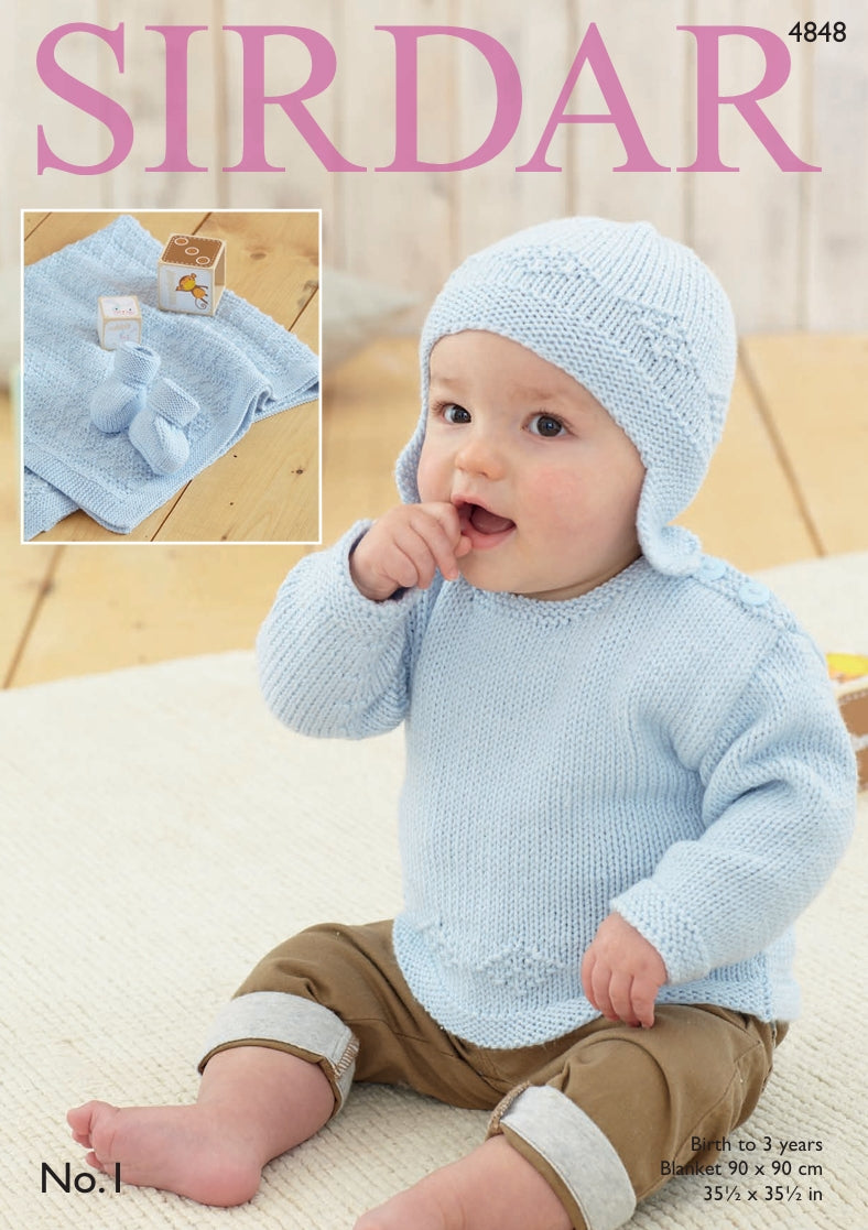 Sirdar Sweater, Helmet, Bootees and Blanket Knitting Pattern in Sirdar No.1 DK 4848P PDF DOWNLOAD