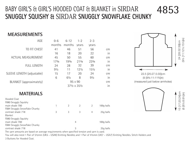 Sirdar Girls Hooded Coat and Blanket Knitting Pattern in Sirdar Snuggly Squishy and Snowflake Chunky 4853P PDF DOWNLOAD