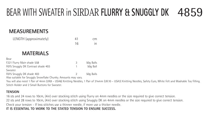 Sirdar Bear with Sweater Knitting Pattern in Sirdar Flurry and Snuggly DK 4859P PDF DOWNLOAD