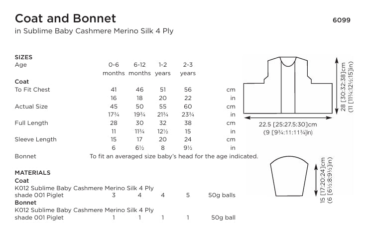 Sublime by Sirdar Coat and Bonnet Knitting Pattern in Cashmere Merino Silk 4ply 6099P PDF DOWNLOAD