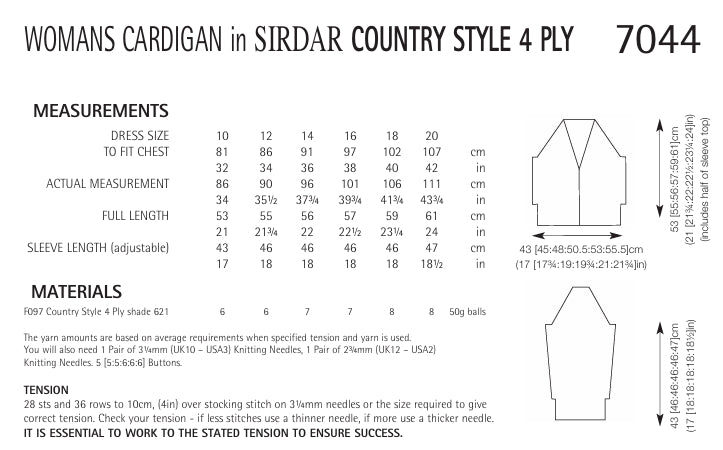 Sirdar Womans Cardigan Knitting Pattern in Sirdar Country Style 4ply 7044P PDF DOWNLOAD