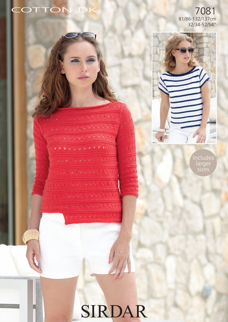 Sirdar Boat Necked Tops Knitting Pattern in Sirdar Cotton DK 7081P PDF DOWNLOAD