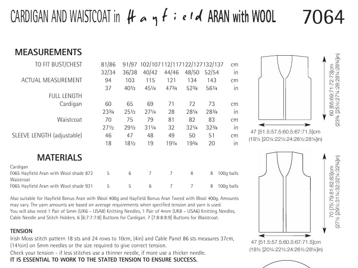 Hayfield Cardigan and Waistcoat Knitting Pattern in Hayfield Aran with Wool 7064P PDF DOWNLOAD