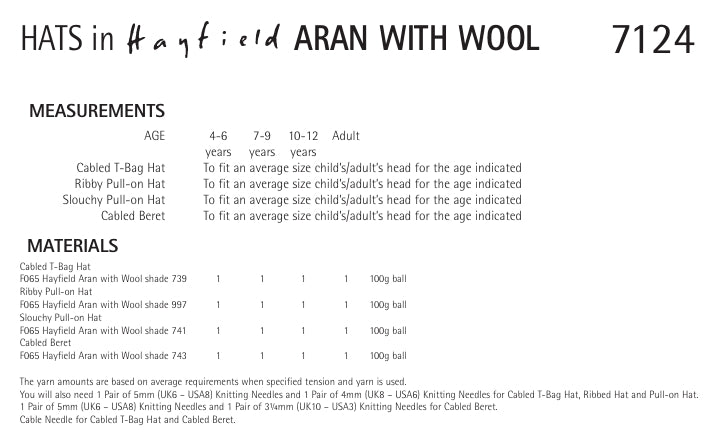 Hayfield Hats Knitting Pattern in Hayfield Aran with Wool 7124P PDF DOWNLOAD