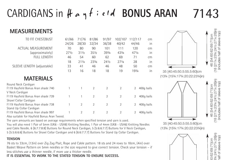 Hayfield Cardigans Knitting Pattern in Hayfield Bonus Aran 7143P PDF DOWNLOAD