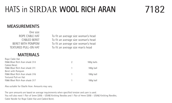 Sirdar Hats Knitting Pattern in Sirdar Wool Rich Aran 7182P PDF DOWNLOAD