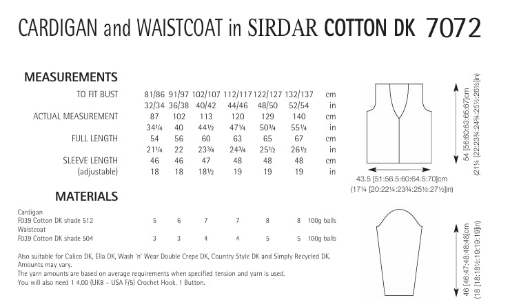 Sirdar Cardigan and Waistcoat Crochet Pattern in Sirdar Cotton DK 7072P PDF DOWNLOAD