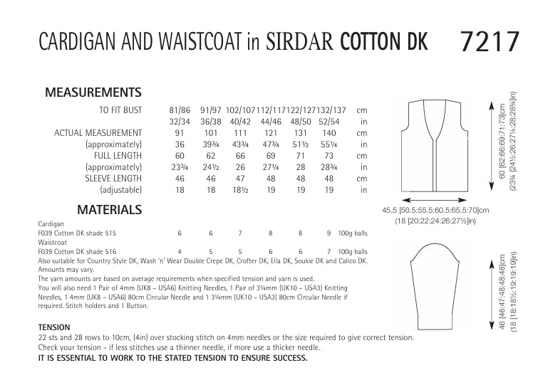 Sirdar Cardigan and Waistcoat Knitting Pattern in Sirdar Cotton DK 7217P PDF DOWNLOAD