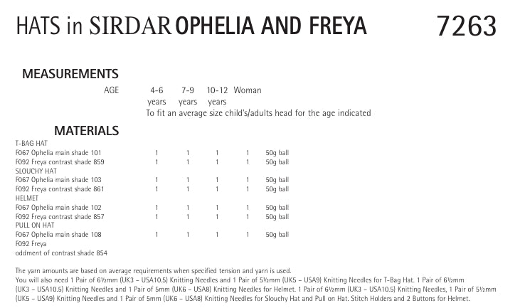 Sirdar Hats Knitting Pattern in Sirdar Ophelia and Freya 7263P PDF DOWNLOAD