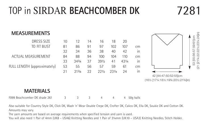 Sirdar Top Knitting Pattern in Sirdar Beachcomber DK 7281P PDF DOWNLOAD