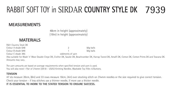 Sirdar Rabbit Soft Toy Knitting Pattern in Country Style DK 7939P PDF DOWNLOAD