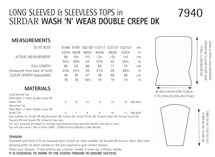 Sirdar Long Sleeved and Sleeveless Tops Knitting Pattern in Double Crepe DK 7940P PDF DOWNLOAD