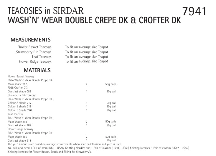 Sirdar Tea Cosies Knitting Pattern in Double Crepe DK and Crofter DK 7941P PDF DOWNLOAD