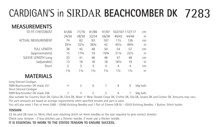 Sirdar Cardigans Knitting Pattern in Sirdar Beachcomber DK 7283P PDF DOWNLOAD