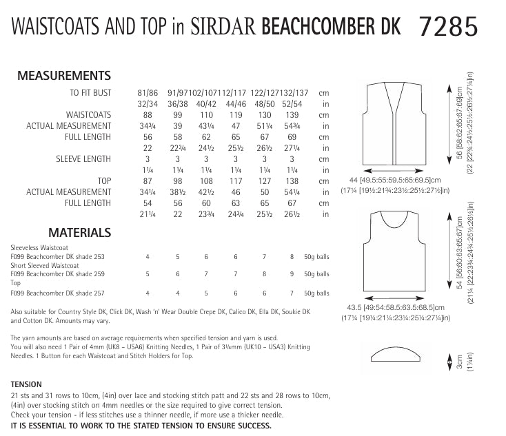 Sirdar Waistcoats and Top Knitting Pattern in Sirdar Beachcomber DK 7285P PDF DOWNLOAD