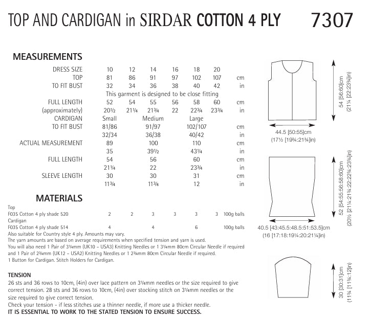 Sirdar Top and Cardigan Knitting Pattern in Sirdar Cotton 4ply 7307P PDF DOWNLOAD