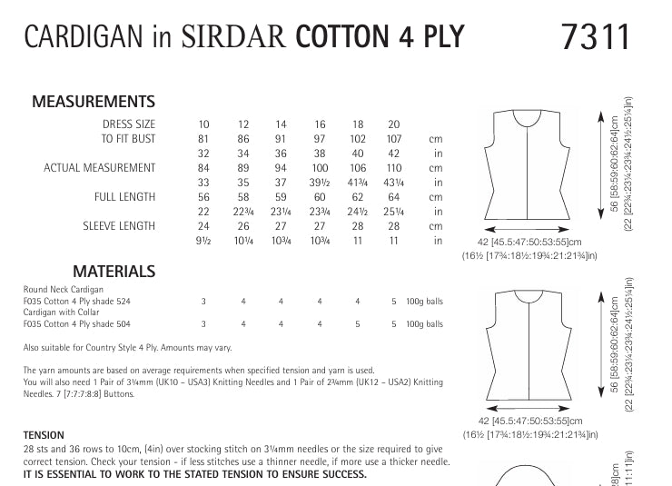 Sirdar Cardigan Knitting Pattern in Sirdar Cotton 4ply 7311P PDF DOWNLOAD