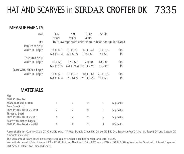 Sirdar Hats and Scarves Knitting Pattern in Sirdar Crofter DK 7335P PDF DOWNLOAD