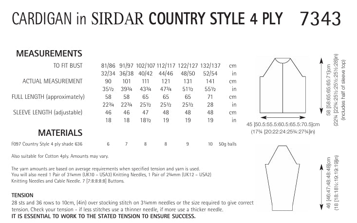 Sirdar Cardigan Knitting Pattern in Sirdar Country Style 4ply 7343P PDF DOWNLOAD