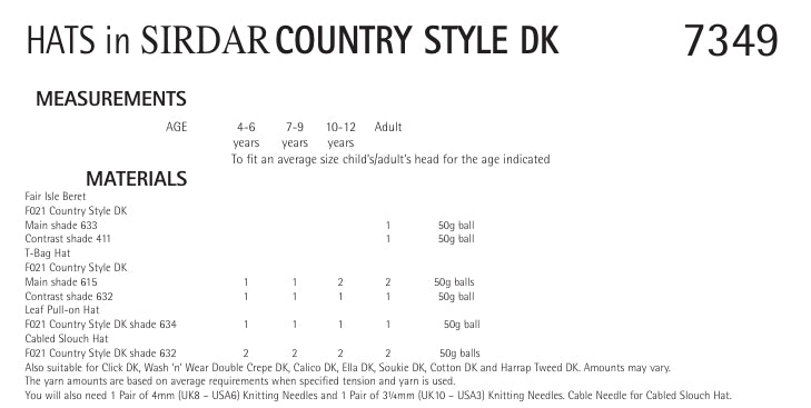 Sirdar Hats Knitting Pattern in Sirdar Country Style DK 7349P PDF DOWNLOAD