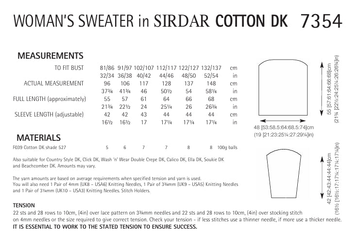 Sirdar Womans Sweater Knitting Pattern in Sirdar Cotton DK 7354P PDF DOWNLOAD
