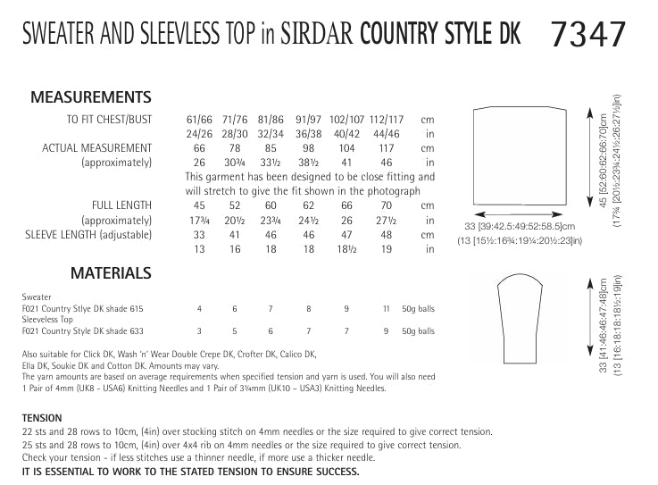 Sirdar Sweater and Sleeveless Top Knitting Pattern in Sirdar Country Style DK 7347P PDF DOWNLOAD