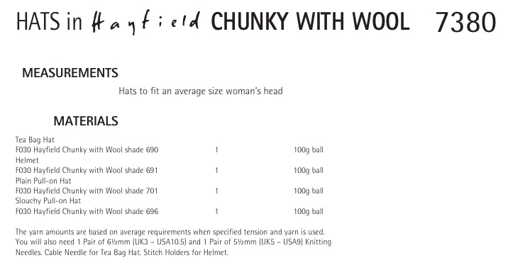 Hayfield Hats Knitting Pattern in Hayfield Chunky with Wool 7380P PDF DOWNLOAD