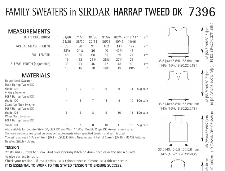 Sirdar Family Sweaters Knitting Pattern in Sirdar Harrap Tweed DK 7396P PDF DOWNLOAD