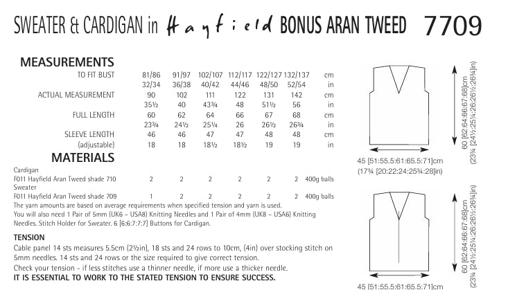 Hayfield Sweater and Cardigan Knitting Pattern in Hayfield Bonus Aran Tweed 7709P PDF DOWNLOAD
