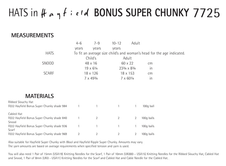 Hayfield Hats Knitting Pattern in Hayfield Bonus Super Chunky 7725P PDF DOWNLOAD